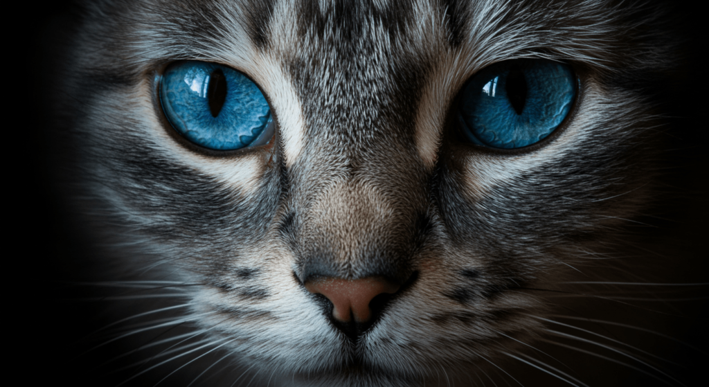 ¿Por qué tenemos ojos de distintos colores? La ciencia detrás de tu mirada 5 Primer plano de un gato con intensos ojos azules. Fotografía de mascotas, gatos, ojos de gato, felinos.