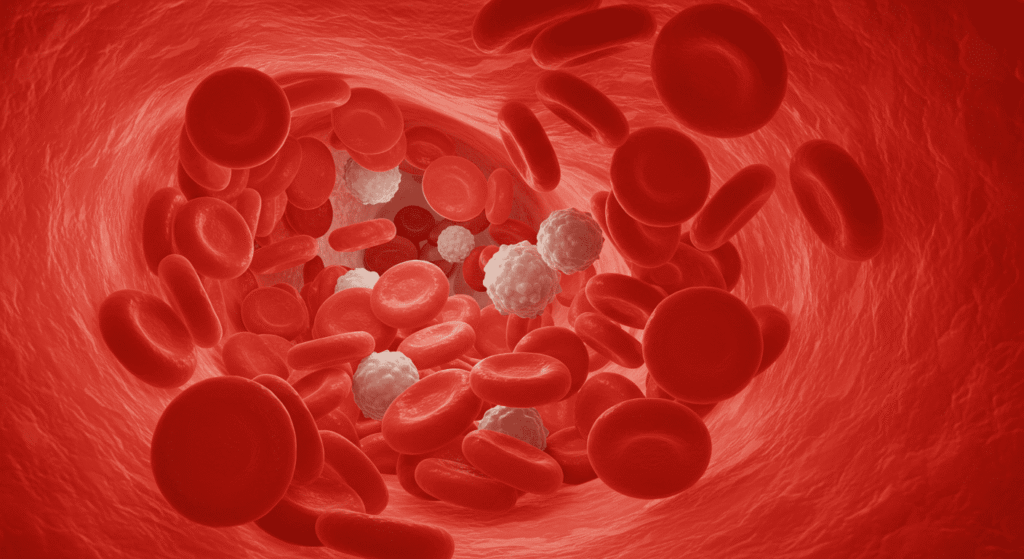 ¿Por Qué Existen Distintos Tipos de Sangre? Explicación Científica 7 "Ilustración 3D de glóbulos rojos y blancos en un vaso sanguíneo. Representación científica de células sanguíneas en el torrente circulatorio. Ideal para medicina, biología y SEO."