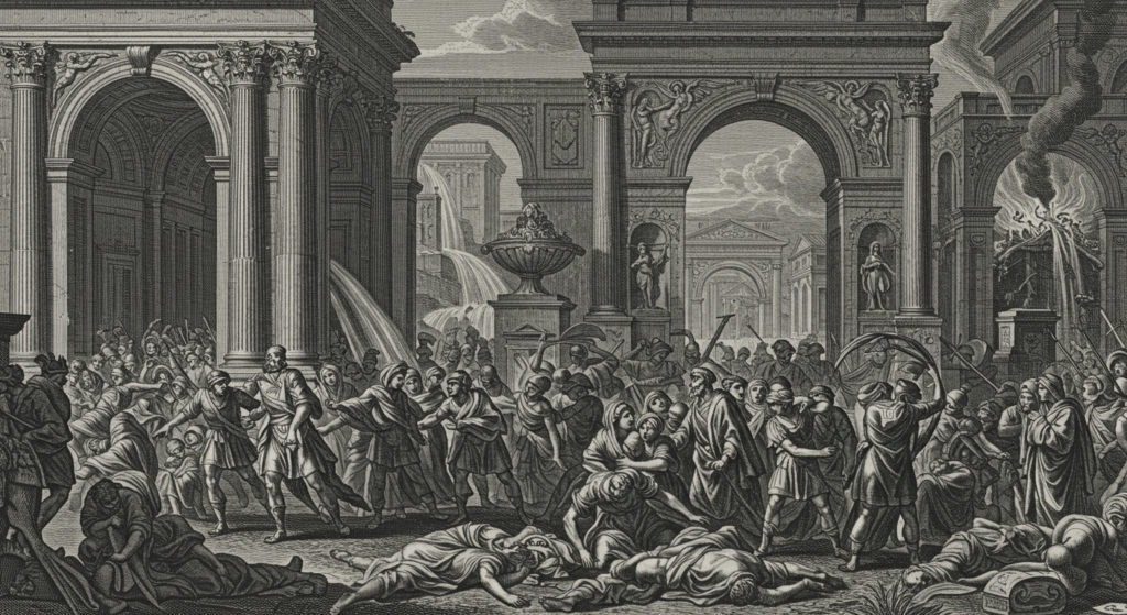 Las enfermedades más antiguas de la historia: ¡Algunas siguen con nosotros! 4 "Grabado antiguo: imagen en blanco y negro que representa una escena caótica con arquitectura clásica y figuras en agitación. Ideal para contenido sobre historia, arte antiguo y grabados. Accesible para personas con discapacidad visual."