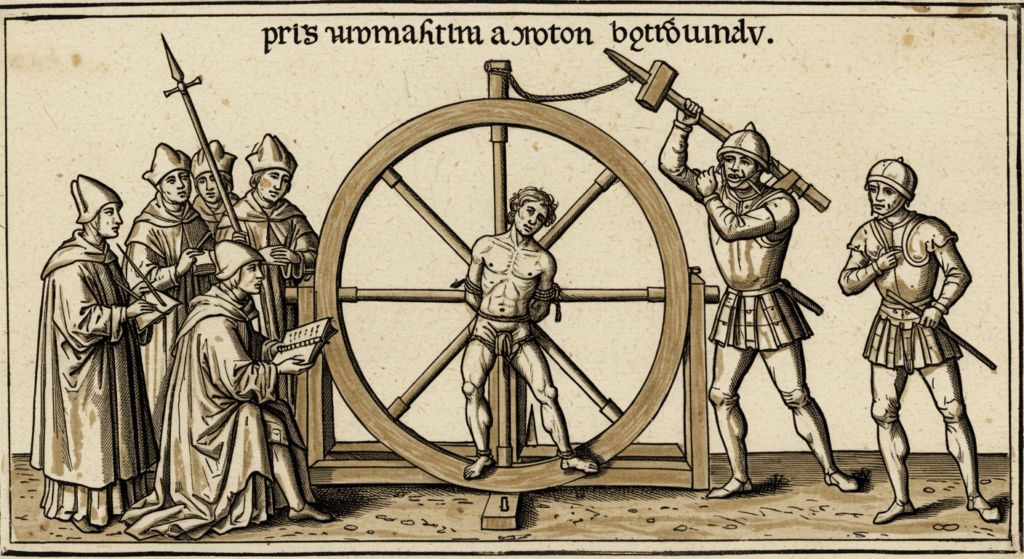 El verdugo medieval: La figura oscura que hacía justicia (a su manera) 4 Grabado antiguo de tortura con rueda: Escena histórica de suplicio. Edad Media, crueldad y sufrimiento.