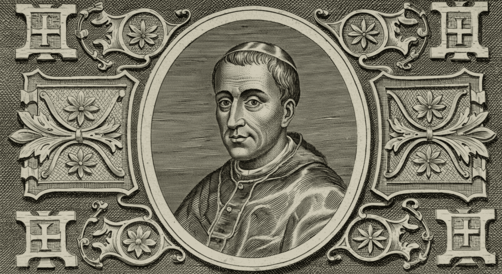Los peores papas de la historia: 6 casos que sacudieron a la Iglesia 5 Grabado antiguo de un Papa con mirada frontal. Ilustración en blanco y negro dentro de un círculo. Imagen histórica religiosa. Accesible para personas con discapacidad visual.