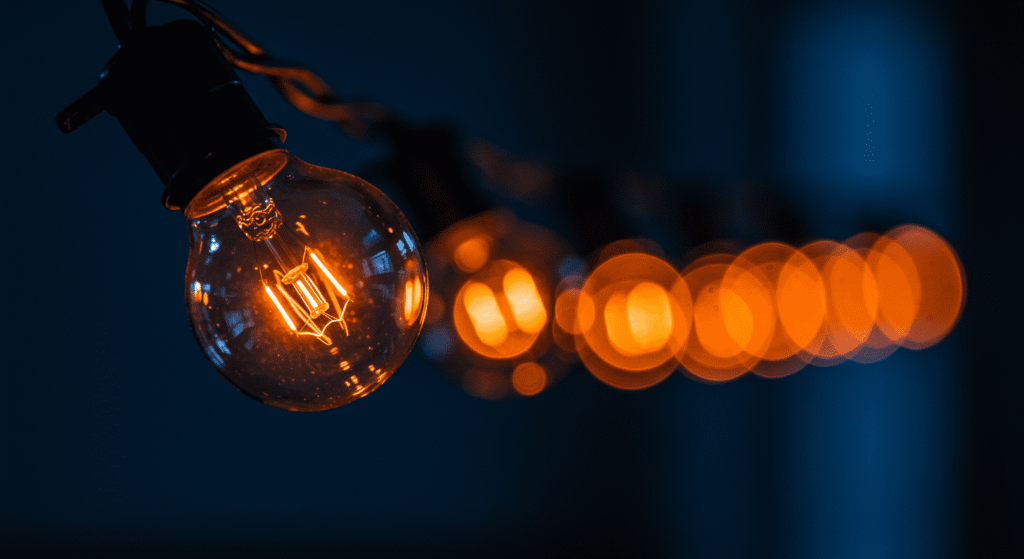La Historia de la Electricidad: ¿Quiénes Fueron sus Inventores? 1 Guirnalda de luces con efecto bokeh. Iluminación, ambiente festivo.