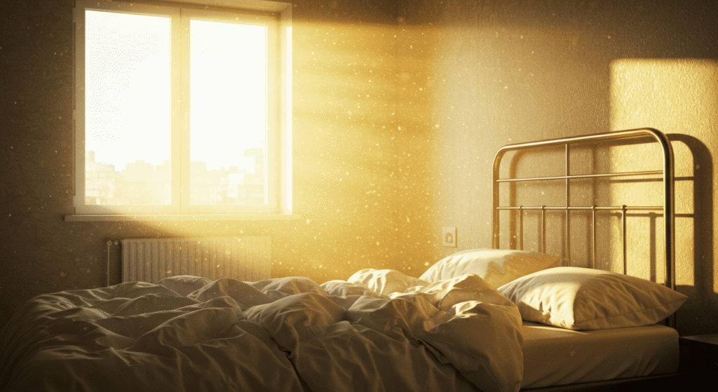 De qué está hecho el polvo y por qué lo encuentras en todos lados 3 "Habitación iluminada por la luz del sol matutino. Imagen de una cama con sábanas blancas y luz dorada entrando por la ventana. Ideal para temas de interiores, tranquilidad, hogar y momentos de calma."