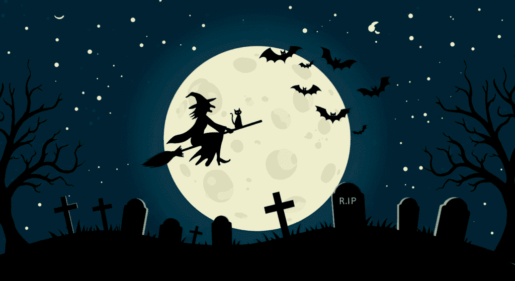 La Verdadera Historia de las Brujas: Mito, Magia y Persecución 5 Ilustración de Halloween: bruja volando en escoba con gato negro frente a la luna llena y cementerio con lápidas. Noche de brujas, fiesta de Halloween, ambiente festivo.