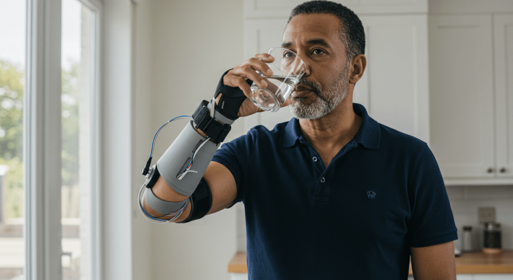 ¿Cómo evolucionará el ser humano? Lo que la ciencia predice para el futuro 5 Imagen de hombre usando brazo robótico para beber: Persona con asistencia tecnológica. Discapacidad, innovación y prótesis.
