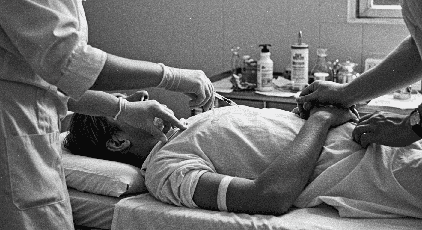 Los peores experimentos nazis (Parte 2): la ciencia al servicio del horror 2 Fotografía en blanco y negro de persona recibiendo atención médica en cama. Imagen de tratamiento y cuidado de la salud. Personal médico.