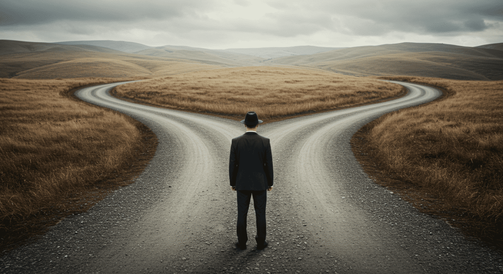 ¿Existe Realmente el Libre Albedrío o Todo Está Determinado? 3 Hombre en encrucijada de caminos con traje y sombrero. Decisiones, futuro.