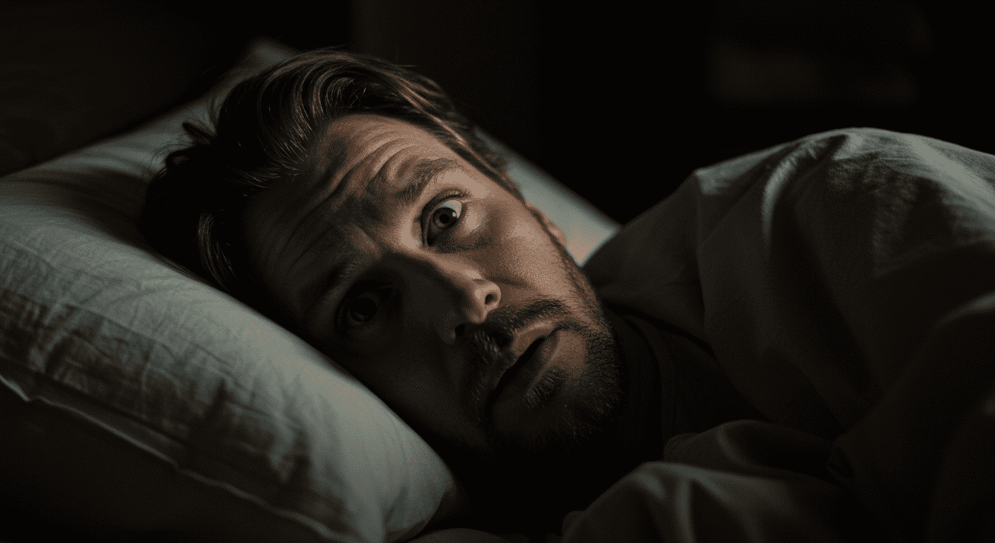 Parálisis del sueño: cuando tu cuerpo duerme pero tu mente despierta 4 Hombre despierto en la cama en la oscuridad. Mirada de sorpresa o miedo en la noche. Insomnio o alerta nocturna.