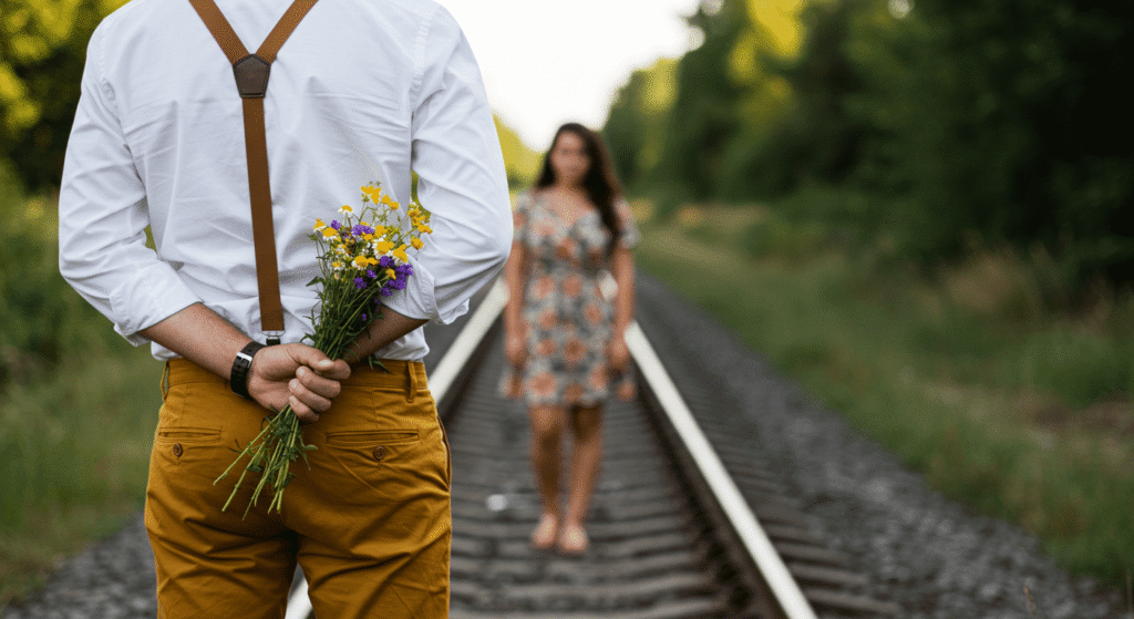 ¿Cuál es el Verdadero Origen del Día de San Valentín? 7 "Hombre con flores escondidas detrás de la espalda esperando a su novia. Pareja en ambiente romántico. Ideal para amor, romance y relaciones.
