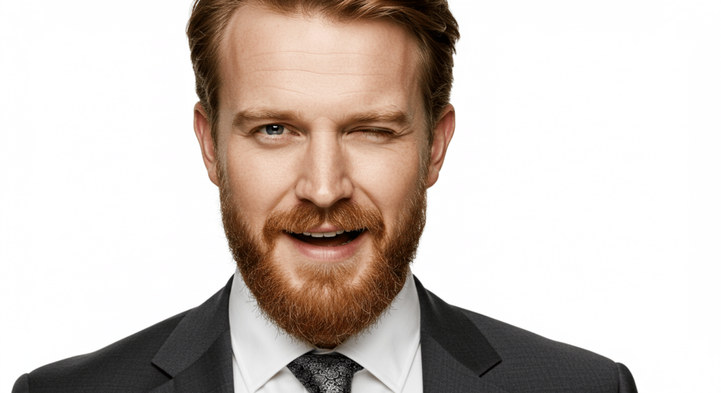 ¿Qué son los tics nerviosos y por qué aparecen? 6 Hombre guiñando un ojo con traje: Retrato de hombre mostrando expresión facial. Negocios, profesionalismo y gesto.