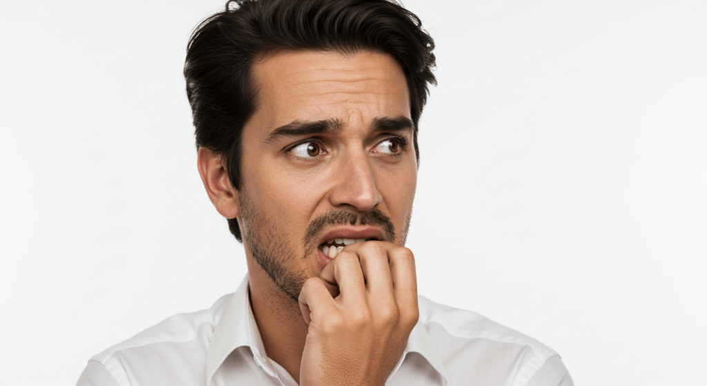 ¿Qué son los tics nerviosos y por qué aparecen? 3 Hombre mordiéndose las uñas con expresión preocupada: Retrato de hombre mostrando nerviosismo. Estrés, ansiedad y hábitos.