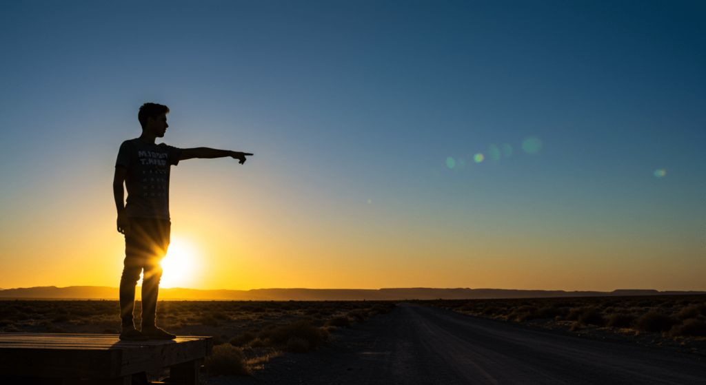 Los errores ortográficos más comunes 3 Hombre en silueta de pie sobre una plataforma en paisaje desértico, señalando hacia el horizonte con montañas al fondo durante un amanecer o atardecer con destellos de sol.