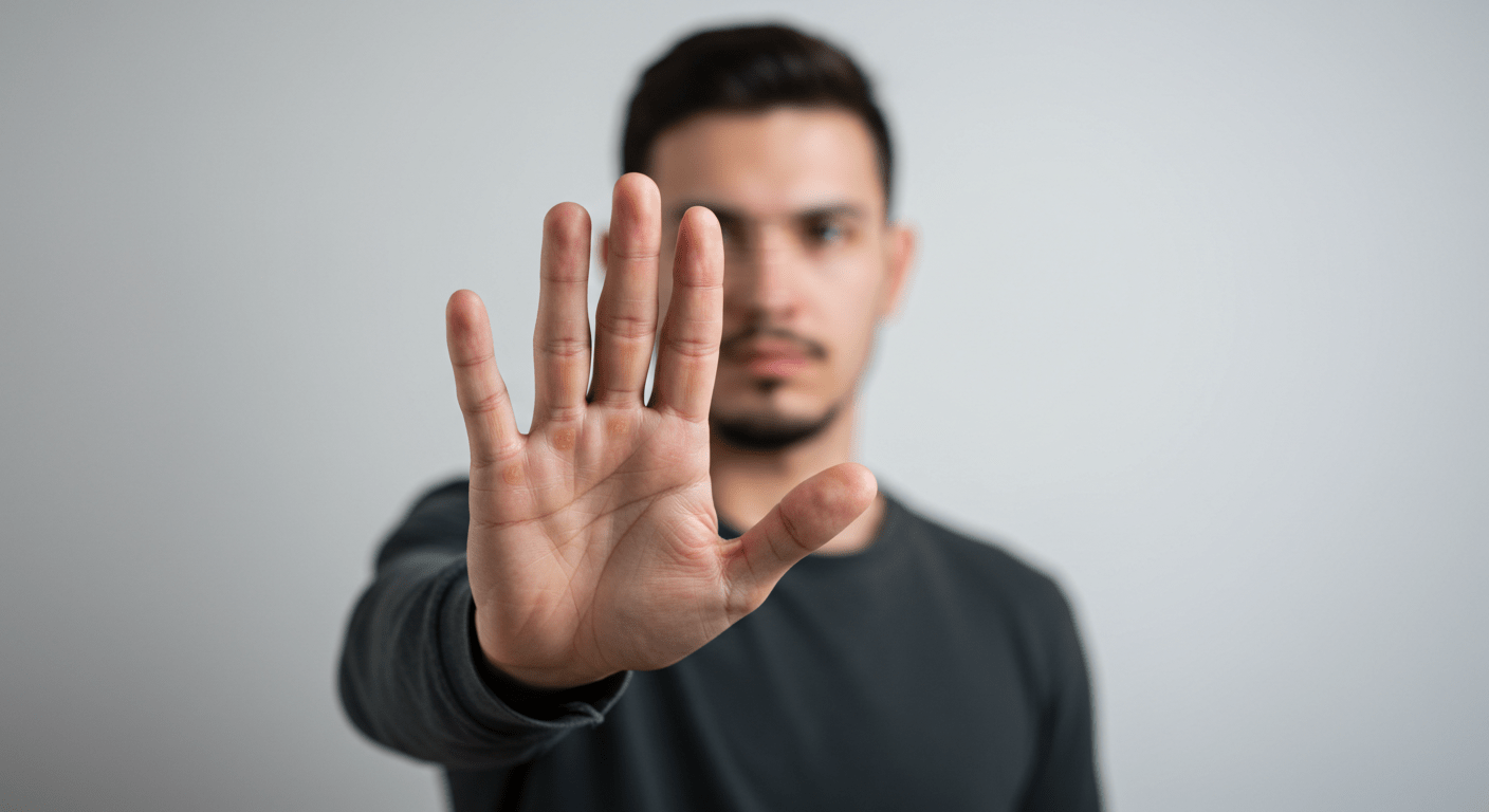 ¿Por qué tenemos fobias? La ciencia detrás de nuestros miedos irracionales 2 "Hombre con mano extendida en señal de 'alto'. Persona borrosa con gesto de detener o rechazar algo. Ideal para ilustraciones de rechazo, advertencia o negación."