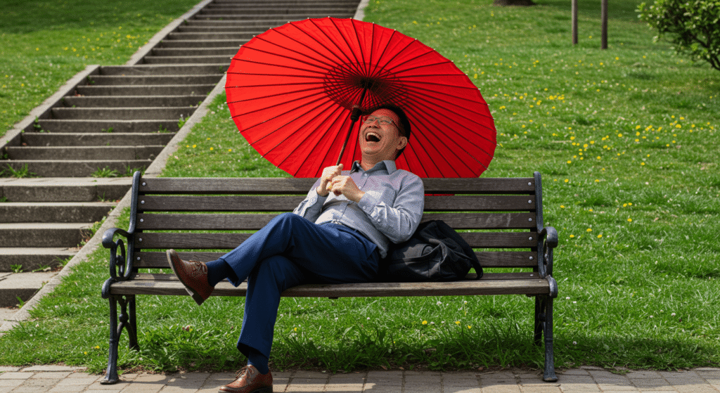 Mitos que la ciencia comprobó: ¡No eran tan falsos como creías! 5 Hombre sombrilla roja parque. Foto de hombre asiático riendo con sombrilla en banco del parque. Tiempo libre y felicidad al aire libre.
