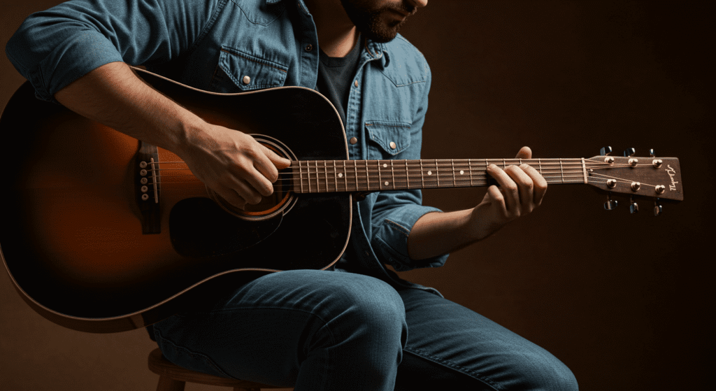 El Síndrome del Sabio: genios ocultos en cerebros diferentes 3 Hombre tocando guitarra. Imagen de un hombre con camisa vaquera tocando una guitarra acústica. Música y entretenimiento.