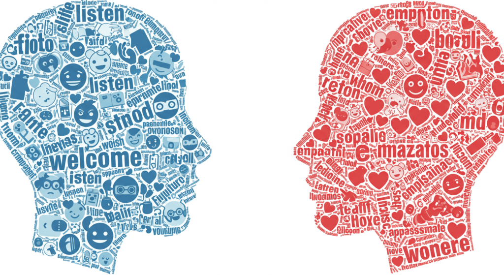 La inteligencia emocional: El poder invisible que muchos subestiman 6 Ilustración de dos rostros con palabras y emojis: Representación visual de empatía y comunicación. Emociones, relaciones interpersonales y psicología.