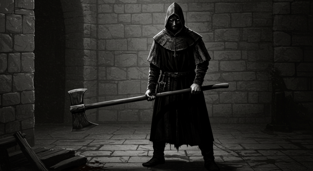 El verdugo medieval: La figura oscura que hacía justicia (a su manera) 6 Ilustración de verdugo en mazmorra: Figura sombría con hacha en calabozo de piedra. Edad Media, terror y justicia.