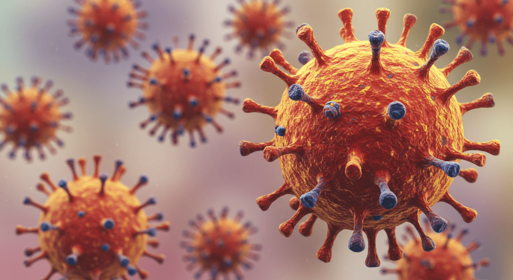 Las 5 pandemias más letales de la historia que sacudieron al mundo 5 "Ilustración detallada de virus con colores vivos. Representación científica de virus con estructura compleja. Ideal para contenido médico y educativo sobre virología."