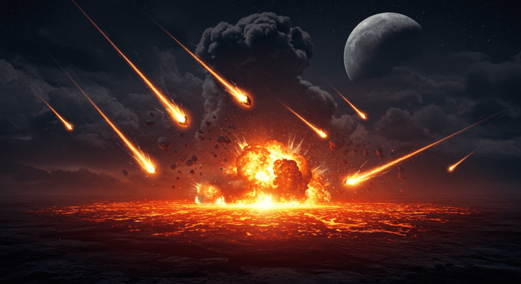 Las 5 teorías más fascinantes sobre el origen de la vida en la Tierra 3 "Imagen de impacto de meteoritos en la Tierra primitiva, con explosiones y luna distante. Representación del caos y destrucción en el cosmos. Accesibilidad web y SEO."