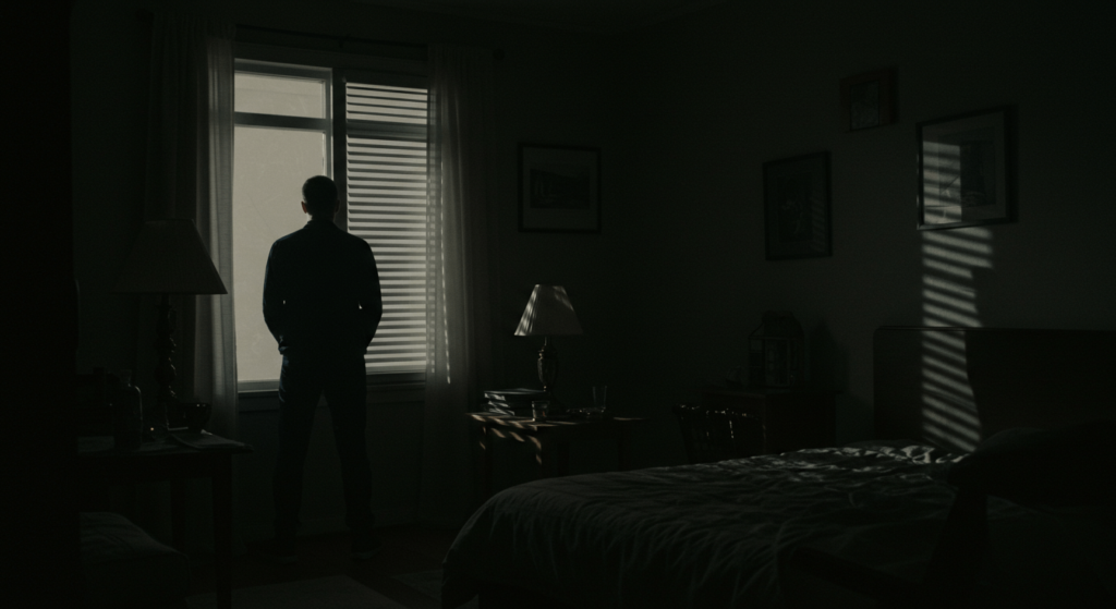 3 relatos cortos de terror que te quitarán el sueño 6 "Escena oscura de interior con una figura sombría frente a una ventana. Imagen sobre misterio, suspense y lo desconocido."