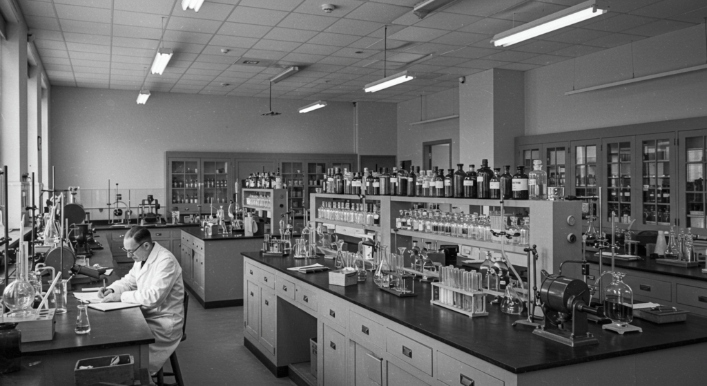 ¿Cómo se descubrió el LSD? El accidente científico que cambió la mente humana 3 Antigua foto en blanco y negro de laboratorio científico. Imagen de un científico trabajando en un laboratorio del siglo XX con equipos y aparatos clásicos. Historia de la ciencia e investigación.