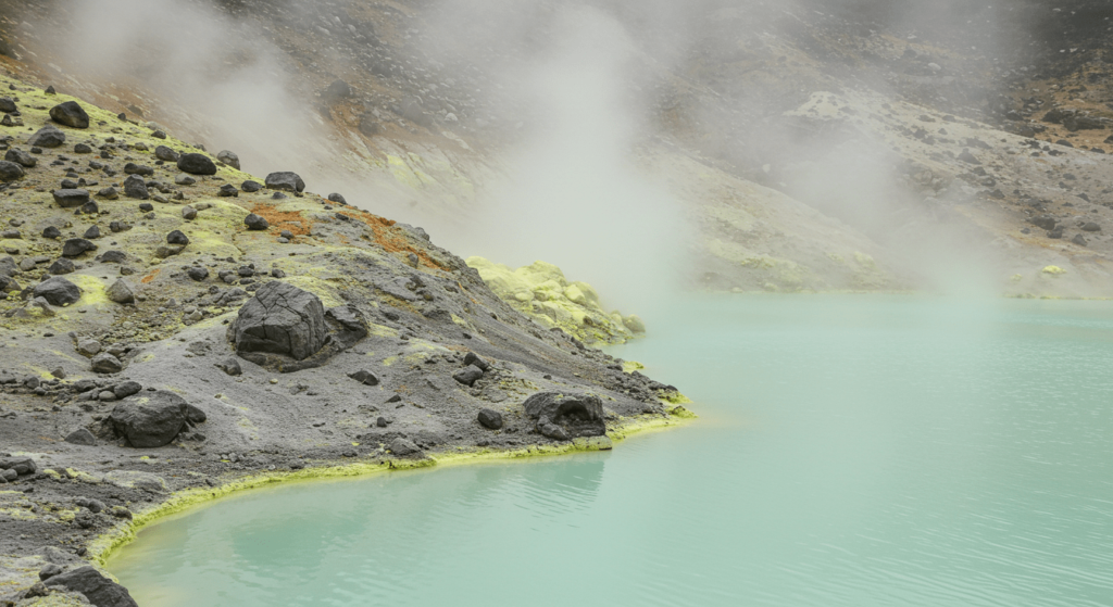 Lluvia ácida: Un fenómeno peligroso que afecta al planeta 5 "Paisaje volcánico con lago sulfúrico y fumarolas. Imagen de actividad geotérmica y fenómenos naturales."