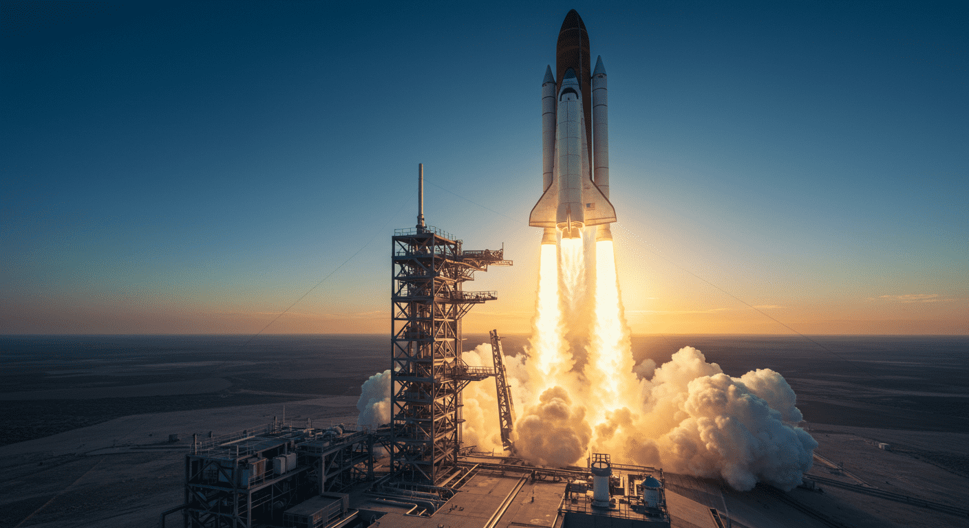La Hipótesis Siluriana: ¿Hubo una civilización avanzada antes que nosotros? 6 "Imagen del lanzamiento de un transbordador espacial con llamas y humo. Impresionante despegue con cielo azul y naranja. Accesible y optimizada SEO."