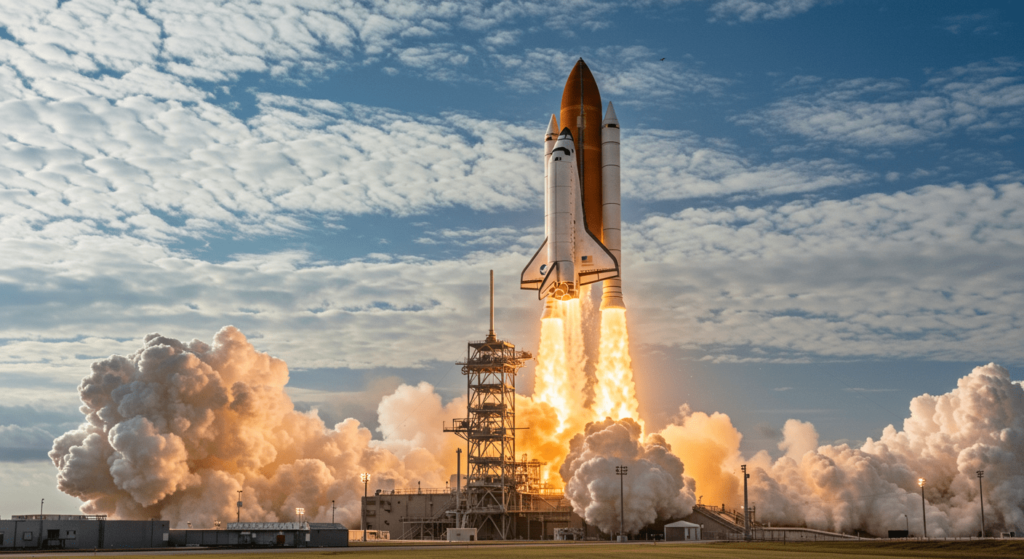 ¿Cómo funciona la gravedad? La fuerza invisible que lo mantiene todo unido 2 "Lanzamiento del transbordador espacial con gran nube de humo. Imagen del despegue de un cohete con fuerte explosión. Ideal para contenido sobre exploración espacial, tecnología y ciencia."