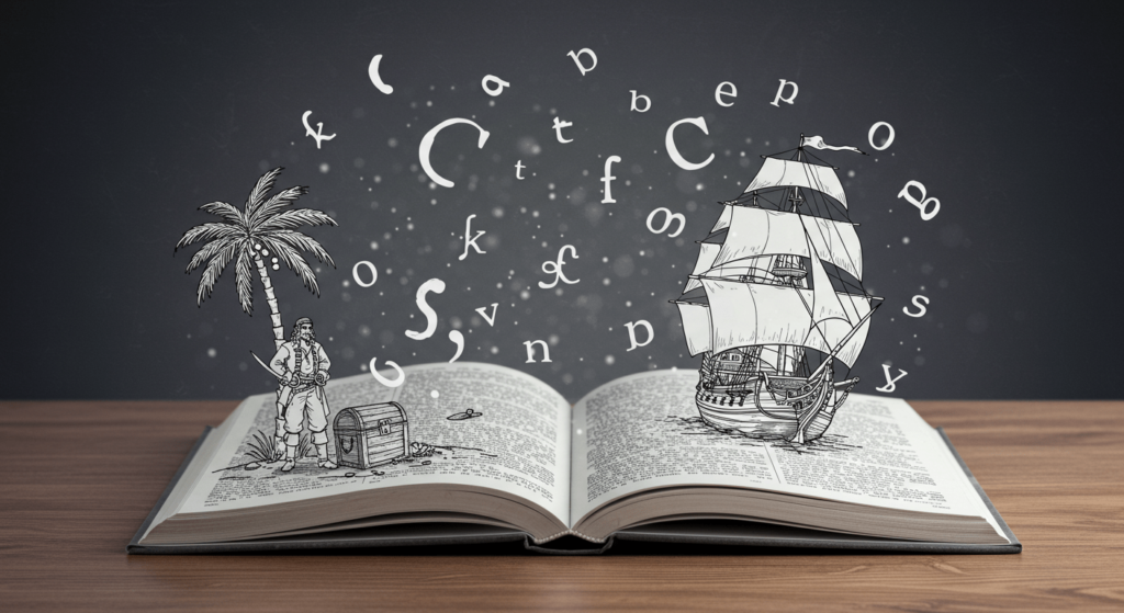 Síndrome de Asperger: Inteligencia, sensibilidad y un mundo diferente 7 Libro abierto con dibujos de pirata, cofre del tesoro y barco velero. Ilustración conceptual sobre aventuras, lectura, imaginación y cuentos.