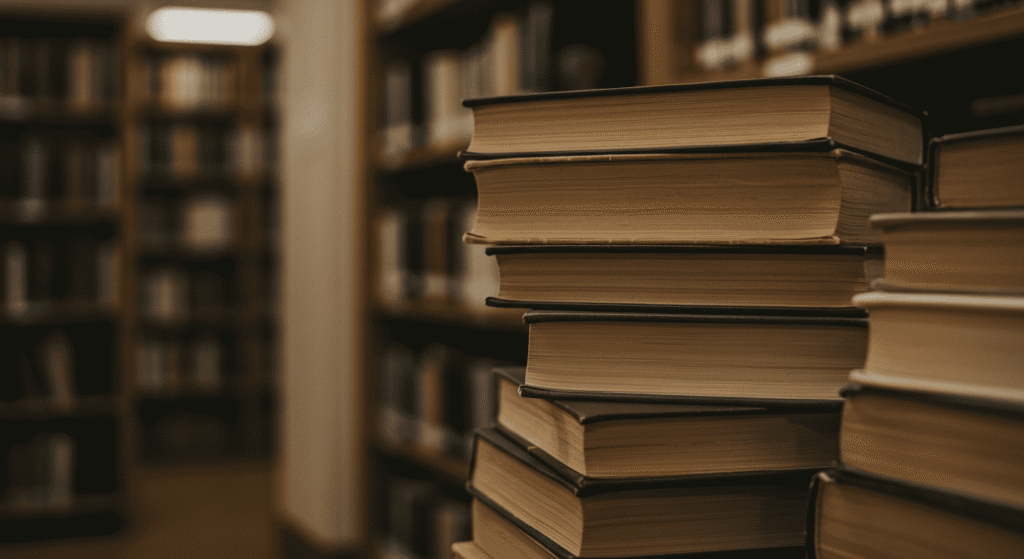 El Síndrome del Sabio: genios ocultos en cerebros diferentes 7 Libros biblioteca apilados. Imagen de libros amontonados con estanterías de libros en el fondo. Cultura y conocimiento.