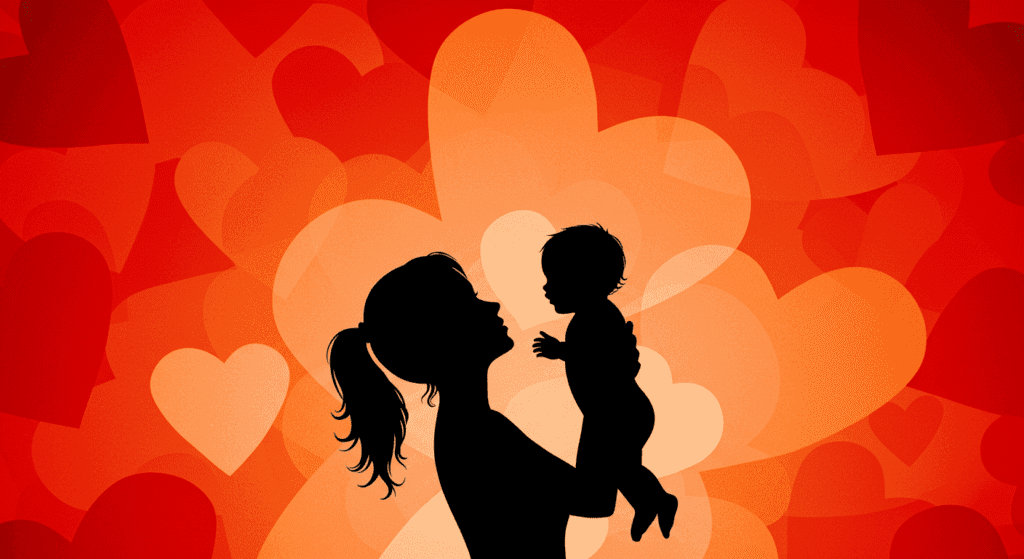 Silueta de madre e hijo con corazones de fondo. Amor, familia.