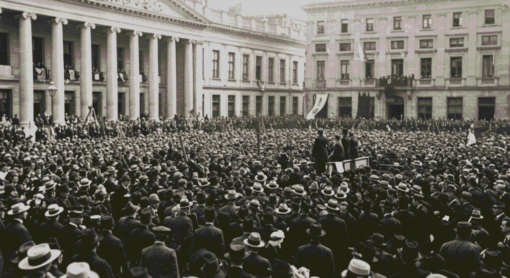 El Origen del Día del Trabajador: Lucha, Historia y Conquista de Derechos 6 "Multitudinaria manifestación en plaza pública: Fotografía antigua en blanco y negro que muestra una enorme concentración de personas en una plaza de la ciudad, con edificios clásicos de fondo. Evento político, protesta o concentración popular. Imagen de archivo de una manifestación masiva. Accesible para personas con discapacidad visual."