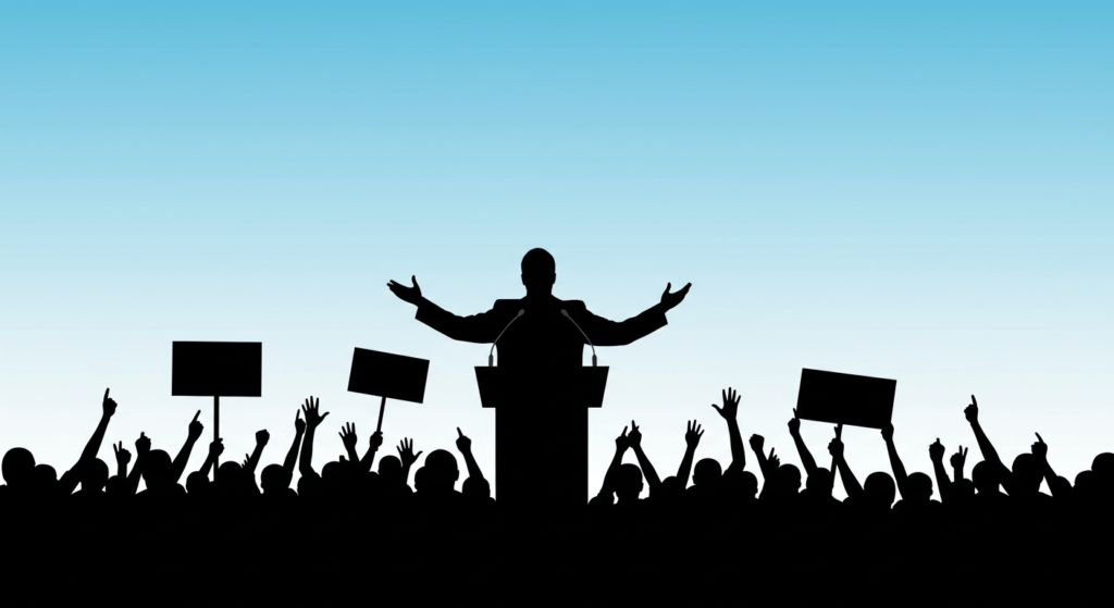 ¿Qué es la política? Entiende su influencia en el mundo actual 2 "Manifestación política: ilustración de un orador dando un discurso a una multitud con pancartas. Ideal para contenido sobre política, protestas y movimientos sociales. Accesible para personas con discapacidad visual."