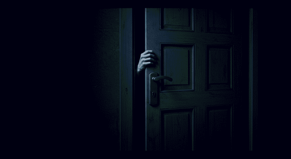 La Leyenda del Coco: El Monstruo que Aterrorizó Generaciones 3 Imagen de terror con una mano fantasmal abriendo una puerta en la oscuridad. Escena de suspense.