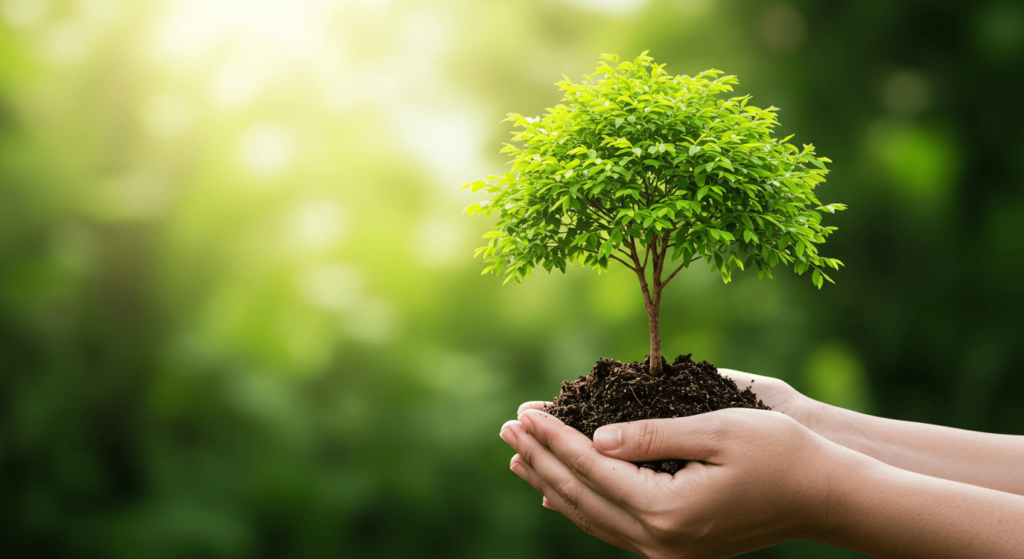 La naturaleza en nosotros: Conexión, impacto y responsabilidad 2 Manos sosteniendo con cuidado un pequeño árbol verde con tierra y raíces, sobre un fondo natural verde y desenfocado iluminado por el sol.