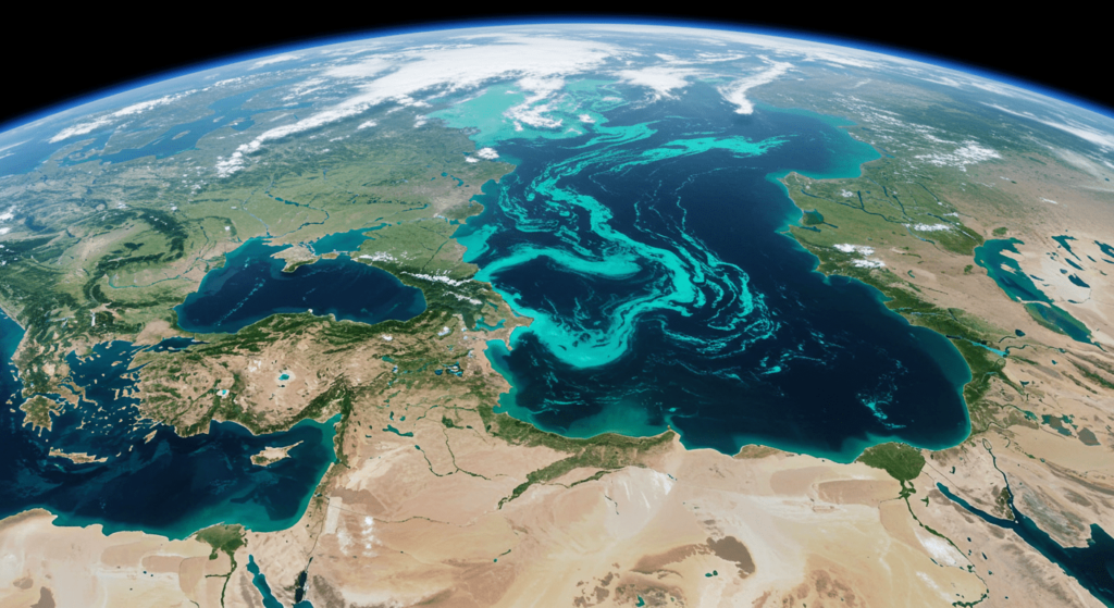 El Diluvio Universal: Entre la leyenda y la historia 5 Imagen satelital de la Tierra mostrando el Mar Negro con intensos remolinos turquesa (floración de fitoplancton), el Mar de Azov y parte del Mediterráneo, rodeados por masas de tierra y nubes dispersas.