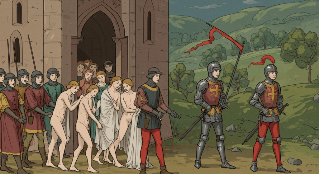 La Iglesia en la Edad Media: Poder, fe y controversias 5 Ilustración medieval mostrando personas desnudas escoltadas a un castillo por caballeros. Historia, edad media, ilustración, castillo, cautivos, medievalismo.