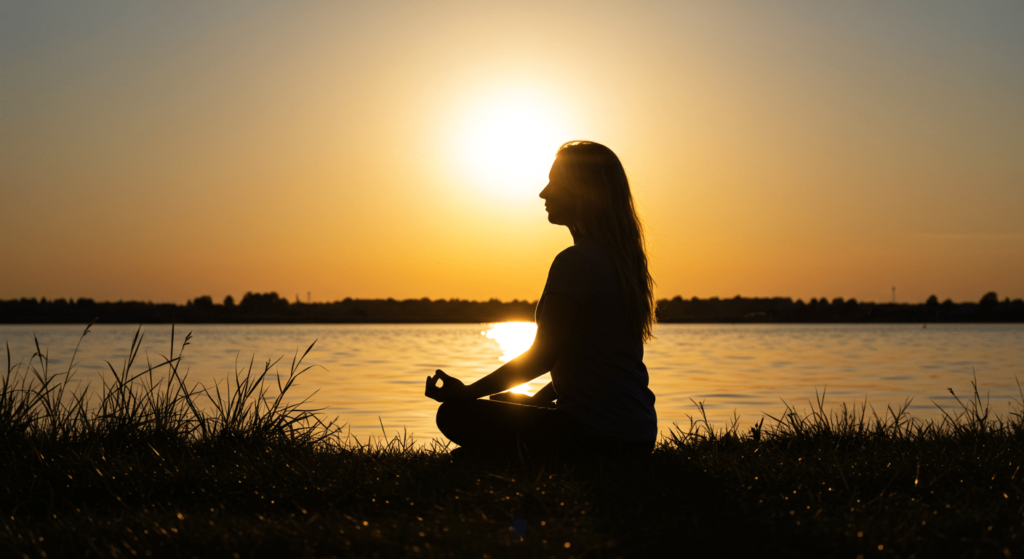¿Qué es la meditación y cómo puede cambiar tu vida? 5 Silueta de mujer meditando frente al agua al atardecer. Yoga, mindfulness, bienestar, espiritualidad.