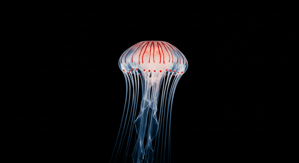 Turritopsis nutricula: La medusa inmortal que desafía el envejecimiento 4 Fotografía macro de una medusa transparente con centro amarillo y tentáculos radiantes. Biología marina, invertebrado, vida oceánica, macrofotografía.