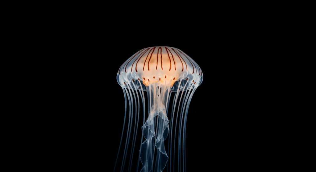 Turritopsis nutricula: La medusa inmortal que desafía el envejecimiento 6 Medusa luminiscente azul con estructura interna rosada sobre fondo oscuro. Vida marina, invertebrado, bioluminiscencia, criatura abisal.