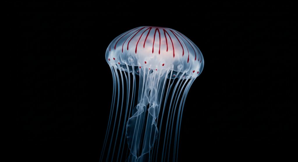 Turritopsis nutricula: La medusa inmortal que desafía el envejecimiento 1 Imagen de una medusa traslúcida con un centro rojizo y tentáculos finos. Fauna marina, invertebrado, océano, criatura marina.
