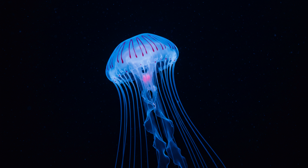 Turritopsis nutricula: La medusa inmortal que desafía el envejecimiento 2 Imagen de una medusa translúcida con centro rojizo y finos tentáculos, sobre fondo negro. Biología marina, vida oceánica, criatura marina, invertebrado acuático.