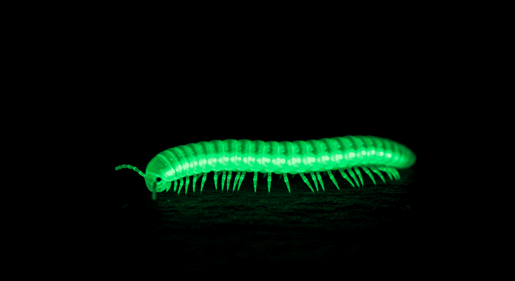 Increíbles Mecanismos de Defensa en el Reino Animal 3 Milpiés bioluminiscente brillando en la oscuridad. Insecto, naturaleza.
