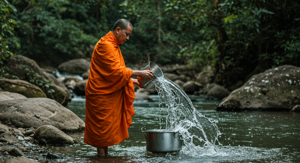 ¿Qué es la meditación y cómo puede cambiar tu vida? 6 Monje novicio budista vertiendo agua en un río. Espiritualidad, tradición, ritual, budismo.