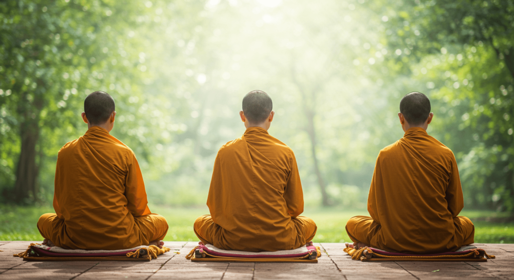 La iluminación de Buda: Cómo alcanzó la sabiduría eterna 5 "Monjes meditando en grupo en un entorno natural. Tres monjes en posición de loto en plataformas de madera. Ideal para representar meditación, espiritualidad y paz interior."