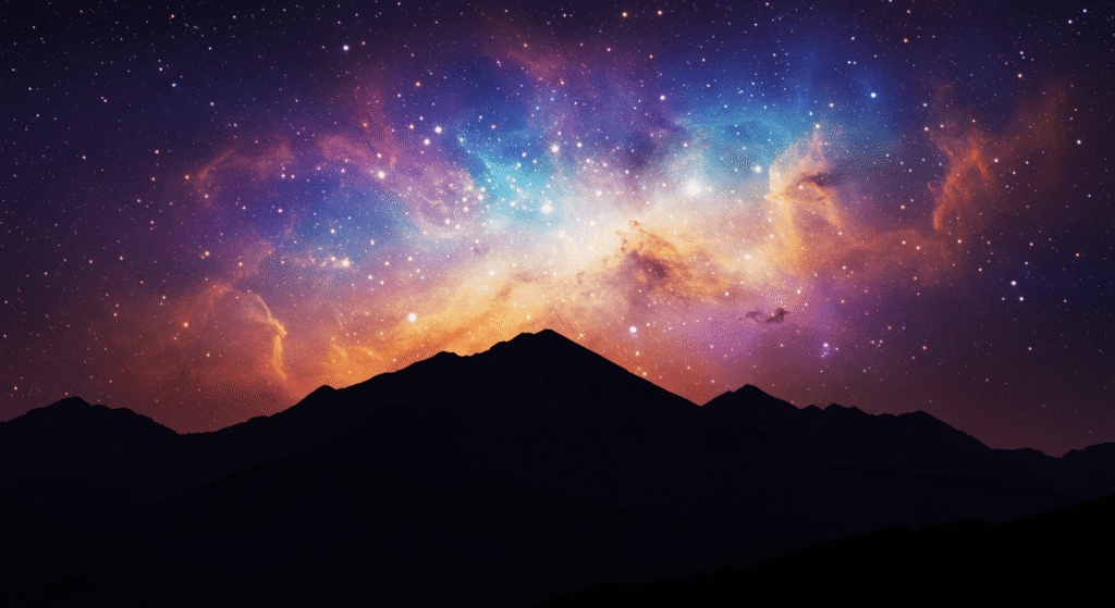 De qué está hecho el polvo y por qué lo encuentras en todos lados 5 "Paisaje montañoso con cielo cósmico multicolor. Imagen de montañas silueteadas bajo un cielo estrellado con tonos púrpuras, azules y naranjas. Ideal para temas de astronomía, paisajes nocturnos y viajes."