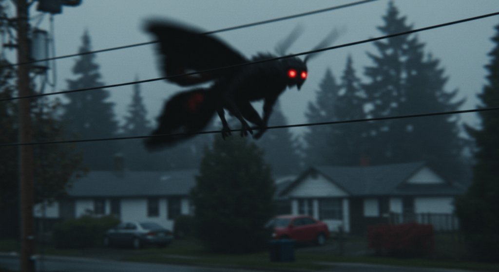 Mothman: La leyenda del Hombre Polilla y sus misteriosos avistamientos 4 "Imagen borrosa del Mothman, una criatura criptozoológica, sobre cables eléctricos. Fotografía sobre leyendas urbanas, misterio y fenómenos inexplicables."