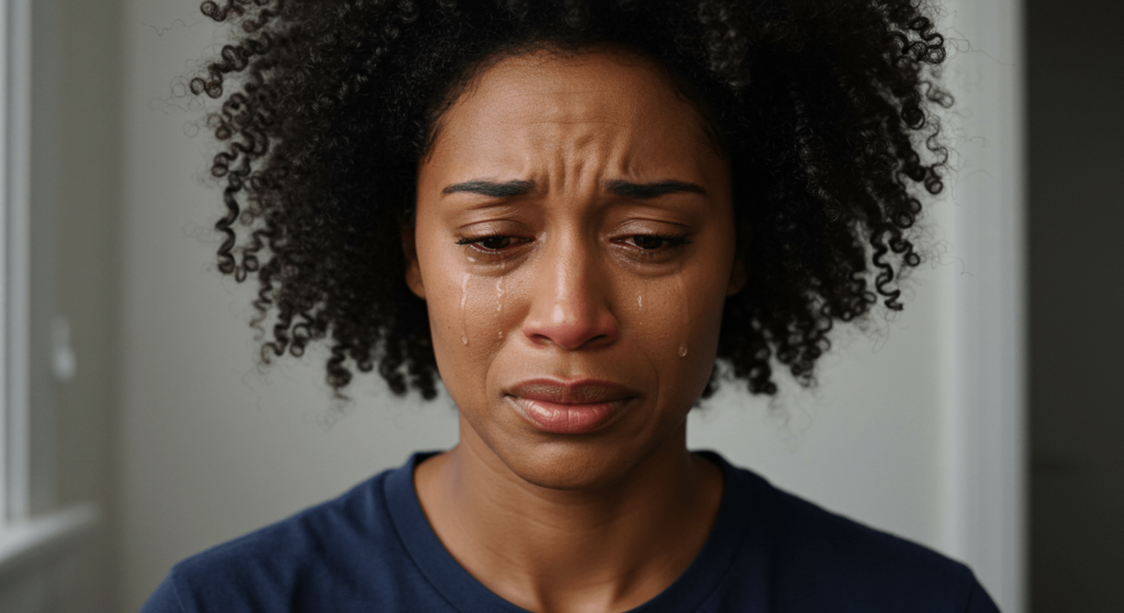 ¿Por qué lloramos? La ciencia y la emoción detrás de las lágrimas 6 "Retrato de primer plano de una mujer afroamericana llorando. Imagen sobre tristeza, emoción y expresión humana."