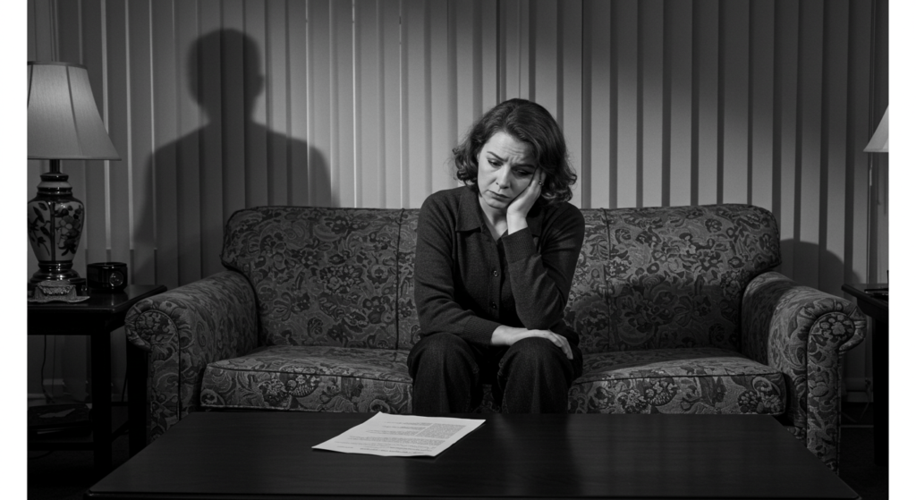 4 experiencias paranormales que te pondrán los pelos de punta 6 "Mujer angustiada: fotografía en blanco y negro de una mujer sentada en un sofá con una expresión de tristeza, con la sombra de un hombre al fondo. Ideal para contenido sobre soledad, tristeza, problemas de pareja y dramas familiares. Accesible para personas con discapacidad visual."