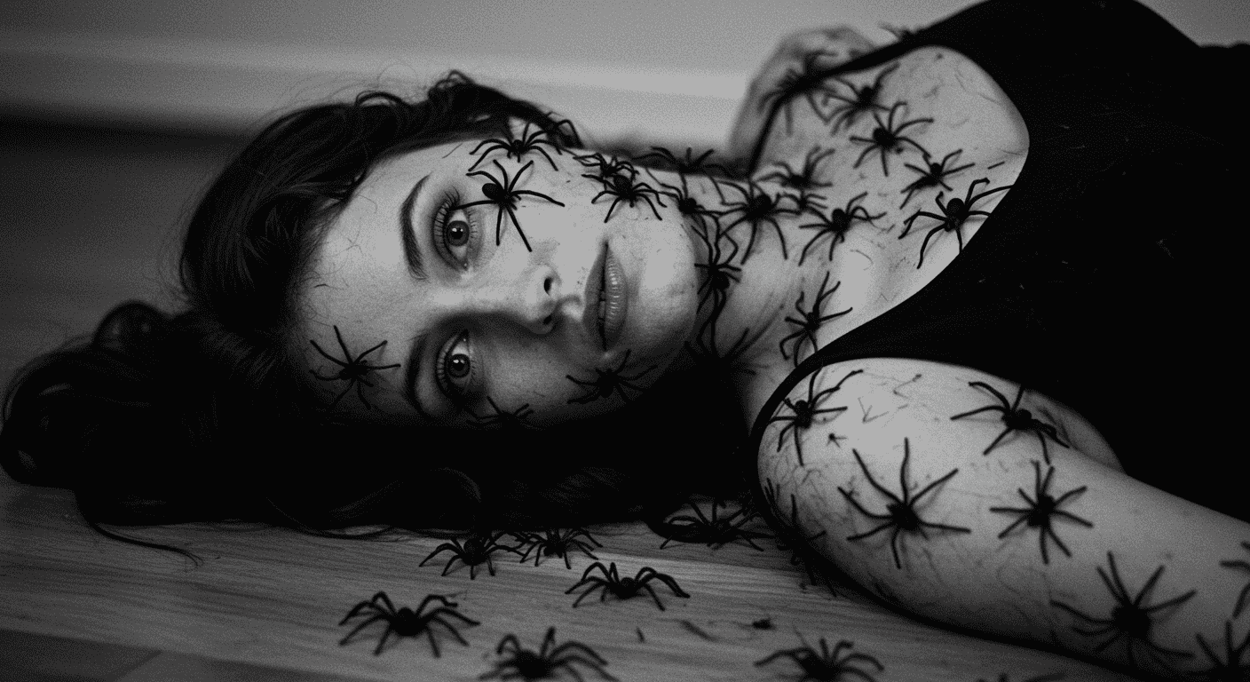 5 leyendas urbanas que aún hoy ponen los pelos de punta 2 Imagen perturbadora de mujer con arañas. Fotografía en blanco y negro de terror y pesadilla. Ideal para contenido de Halloween.